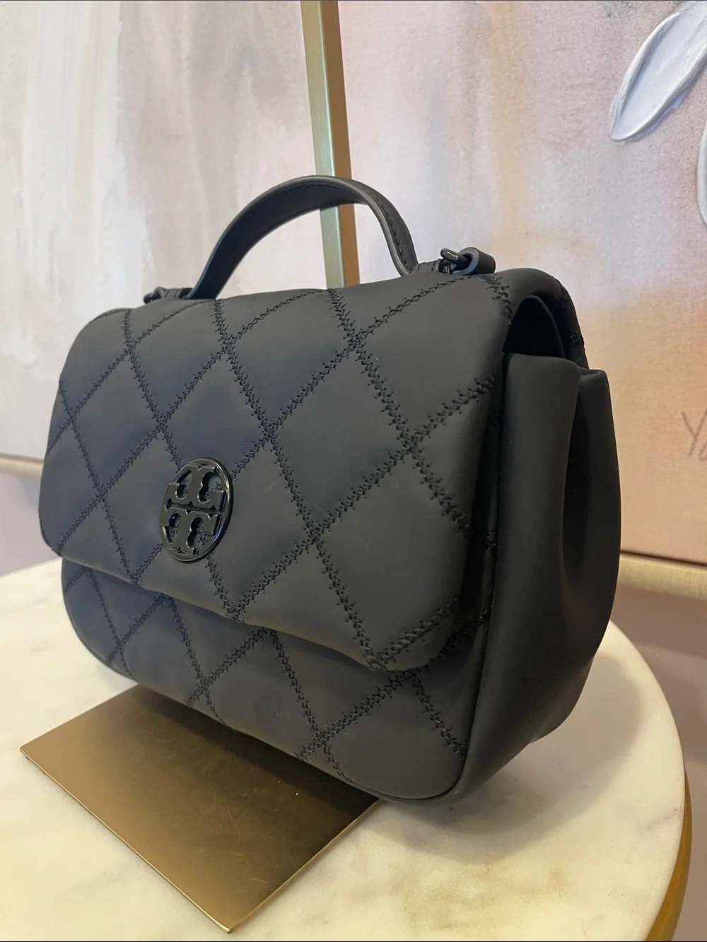 NWOT Tory Burch Black Willa Quilted Top-Handle Satchel with Logo Medallion
